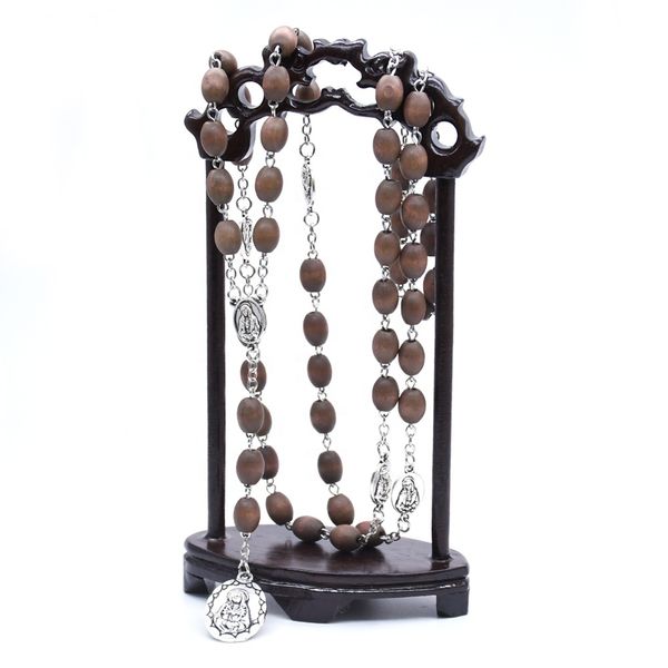 Colliers de perles Chapelet Sept Chagrin Chapelet Perles Ovales en Bois Chapelets avec Vierge Marie Chapelet Centre Catholicisme Cadeau Religieux