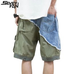Seveyfan Hi Street Men Ripped Denim Patchwork Shorts Multi Pockets Brofs de cargaison Streetwear 240418
