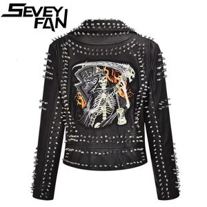 SEVEYFAN Rivet mort Patch PU cuir Punk Rock vestes mince moto 3D squelette motif vêtements d'extérieur avec ceinture mâle femme 240112