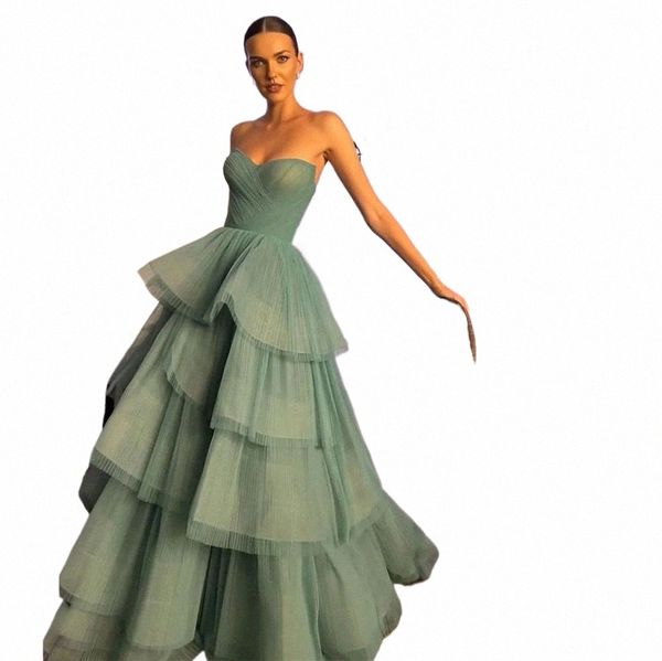 Sevintag Mint Green Prom Dres Organza Strapl A-Line Falda en capas con gradas Pliegue acanalado Longitud del piso Mujeres Vestidos de fiesta 2023 L73O #