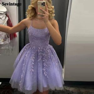 Sevintage lavendel glanzende tule short prom jurken Appliques kanten korset rugcocktailjurken Homecoming jurk afstudeerfeest 240517