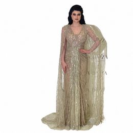 Sevintage Noble Arabia Saudita Prom Dres con cuello en V Noche formal Dres LG Cape Mangas con lentejuelas Mujeres Vestidos de fiesta Evento 2023 U6KC #