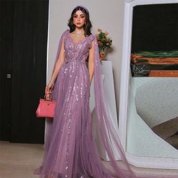 Sevintage violet perles paillettes robes de bal manches courtes saoudien arabe ALine robes de soirée robe d'occasion formelle 2024 240227