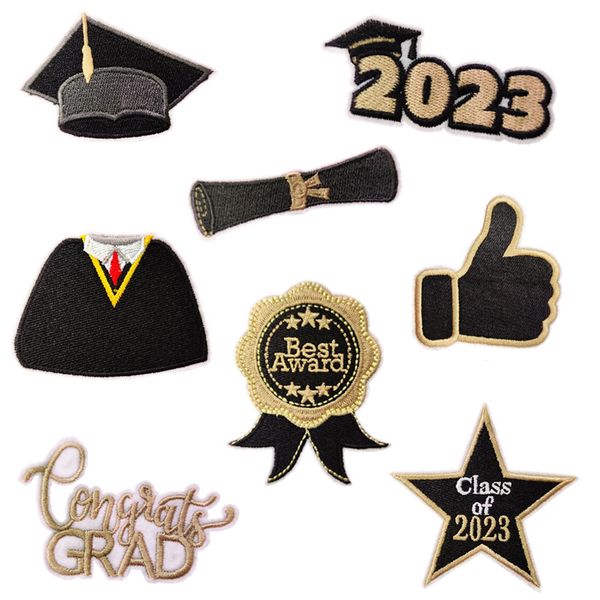 Lot de 8 patchs brodés pour remise de diplôme de la classe 2023, félicitations, diplôme, thermocollant, emblème décoratif, accessoires de bricolage pour vêtements, veste, sac à dos