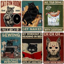 Couture parce que le meurtre est faux Vintage signes en étain chat et vin signe en métal drôle signes de chat pour la décoration de jardin à la maison amoureux des chats cadeau maison pour animaux de compagnie peinture murale taille 30X20 CM w01