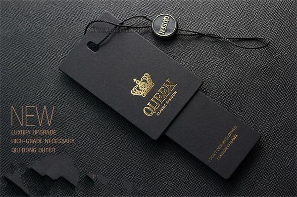 Notions de couture 700gsm 0,8 mm d'épaisseur queen noir noir Paper Hotstamp Fer Gold Garment Hangs Tags avec corde de corde