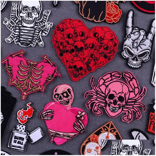 Notions de couture coeur rouge Punk Skl brodées pour vêtements colle fondue autocollant Hip Hop Rock fer sur vêtements squelette livraison directe