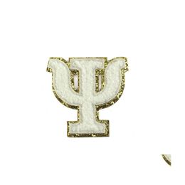 Nociones de costura Herramientas 6,5 cm Autoadhesivo Chenille Letterses Letra griega Bordada Oro Brillo Borde Alfabeto Aplique Etiqueta Dhv6G