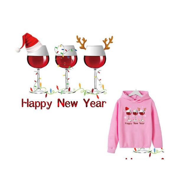 Nociones de costura Herramientas Feliz Año Hierro En Transferencias Lavable Vinilo de Navidad Calcomanía de Transferencia de Calor Apliques Para Niños Camiseta Almohada Dhawk