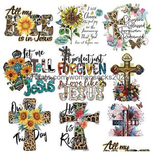 Naaien Begrippen Gereedschap Heat Transferes Leopard Jesus Cross Iron On Transfers Vinyl Papier Stickers Wasbare Druk Decals Voor T-shirts Dh0Tl