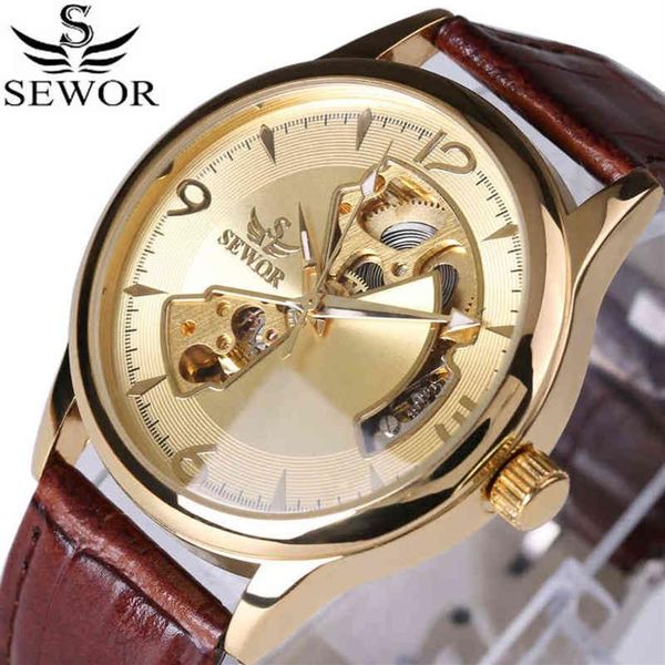 SEWOR marque mécanique automatique auto-vent squelette montres mode décontracté hommes montre de luxe horloge bracelet en cuir véritable 211231217G