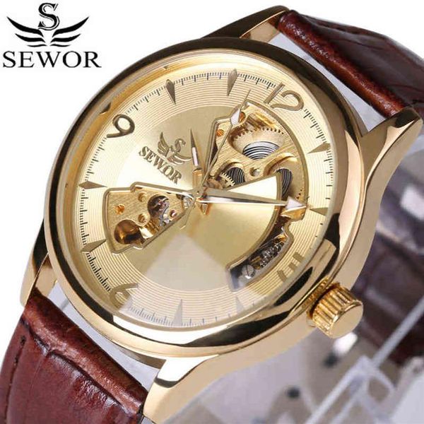 SEWOR marque mécanique automatique auto-vent squelette montres mode décontracté hommes montre de luxe horloge bracelet en cuir véritable 211231181O