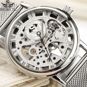 Sewor Mechanisch Horloge Zilver Mode Roestvrij Stalen Mesh Band Mannen Skeleton Horloges Topmerk Luxe Mannelijke Horloge J190706293V