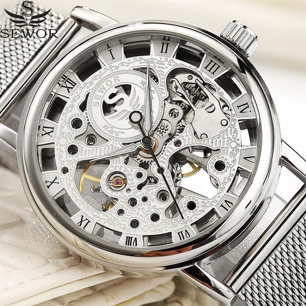 SEWOR MECANICAL WORD Silver Fashion en acier inoxydable Mesh STRAP Men Squelette montres Top Brand Luxury Male Wristwatch J190706324X