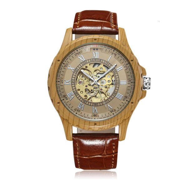 Sewor Reloj mecánico de madera maciza para hombre, totalmente automático, con correa de cuero genuino, fondo hueco y transparente, 001