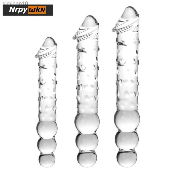 Juguetes sexuales para adultos Cristal transparente grande Immitate Glass Pene Dilddo con 3 cuentas grandes Masturbación femenina G-spot Anal Plug L230518