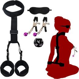 Sex Bondage BDSM, collier de menottes réglable derrière le dos avec pince à téton pour les yeux bandés, jouets sexuels de bondage anti-collier, accessoires de jeux pour adultes SM. (Nylon)