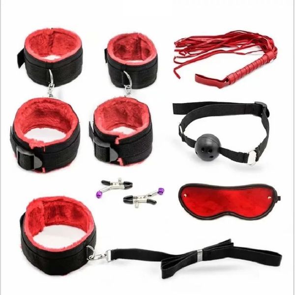 Kit de bondage sexuel 7 pièces, ensemble de jeux pour adultes, menottes, menottes, fouet, corde, bandeau pour les couples, produits de jouets érotiques 240115