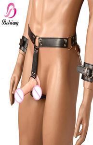 Seksbondage beperkingen Mannen Fetisj BDSM Bondage Male Pu Leather Harness met hand S Cock Ring Adult Games Sex Toys voor koppels Y1916452169