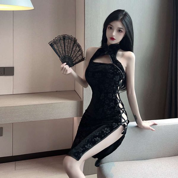 SEX DRESS Jacquard Hollow Lace Cheongsam de terciopelo con abertura larga Vestido sexy con cuello colgante 338428