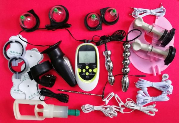 Sexo Electroshock Gear Kit de descarga eléctrica Dispositivo de terapia de choque Electro Pulse Masturbador BDSM Juguetes para adultos Anillo para pene Enchufe uretral B8972057