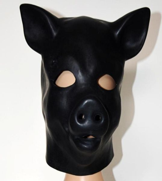 Produit sexuel Nouveau mâle femelle 100 latex naturel bondage tête de cochon masque eyepatch bâillonné couvre-chef capuche adulte BDSM jouet lit jeu set8194322