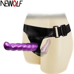 Productos sexuales Tiny Bullet Vibrador Correa en arnés Doble consolador Strapon Pantalones Juguetes sexuales para mujeres Pareja Lesbianas Juguetes eróticos Q71 Y190711