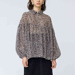 Sexo transparente blusa delgada mujeres primavera moda linterna manga larga femme tops casual flojo leopardo blusas mujer 210514