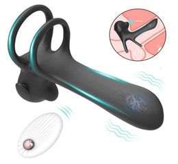 Juguete sexual Masajeador Polla Anillo para pene Hombres Pareja Vibrador Control remoto inalámbrico Cockring Juguetes vaginales Manga masculina2195260