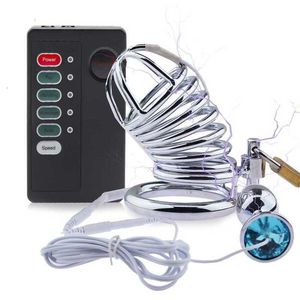 Sex Toy masseur choc électrique serpent dispositif de chasteté ensemble cage à coq en métal stimulation électrique plug anal mâle anneau de pénis jouets pour hommes Gay18