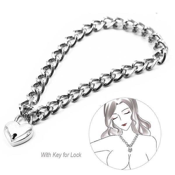 Sex Toy Masseur Collier De Cou En Métal pour Femmes Hommes Flirt Esclave Retenue Coeur Anneau De Verrouillage En Acier Inoxydable Bdsm Bondage Fournitures Pour Adultes