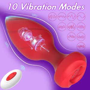 Seksspeeltje Massager Oplaadbare afstandsbediening 10 frequentie vibrerende schroefdraad Rose Silicone Anus Climax Anale plug Vrouwelijk speelgoed