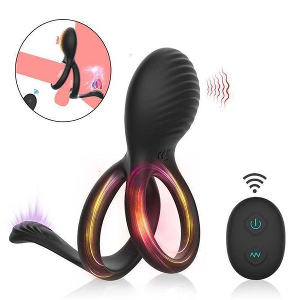 Juguete sexual masajeador vibratorio anillo doble para pene vibrador con 7 anillos elásticos de vibración para pene para hombre y parejas juegan próstata