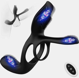 Vibrateur de masseur sexuel pour le couple 3 en 1 anneau de bite vibrante avec 10 modes Men039s Pinis Anneaux S Perineum Mens G Spot Clitor3816766