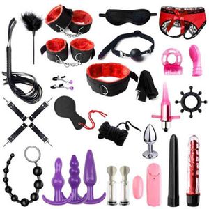 Sex Toy Massagers 25 stcs seksspeeltjes voor vrouwelijke mannen handboeien tepel klemmen klemmen spanking siliconen metaal anale plug butt bdsm vibrator bondage set