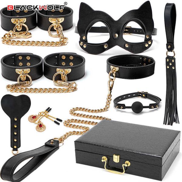 Jouets sexuels masager vibrateur masseur adulte BLACKWOLF BDSM lit Kits de bondage en cuir véritable ensemble de retenue menottes collier Gag jouets érotiques pour femmes Couples 4G8B