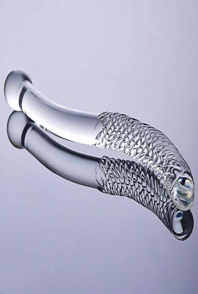 Jouets sexuels Massageur Double fin en verre blanc Crystal White Glass Dildo Artificial Granule Spiral G Spot Game Adult Game Toys pour femme Gay2032038