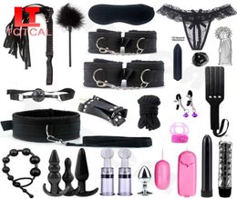 Seksspeelt Massager Sexy BDSM Kits volwassenen speelgoed voor vrouwelijke mannen handboeien tepel klemmen klemmen spanking metal anale plug vibrator game bon1250629