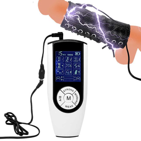 Juguetes sexuales, anillo para pene, traje de descarga eléctrica, juguete de cuero, masturbación masculina, orgasmo eléctrico, pene largo de doble electrodo