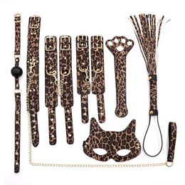 Kit de bondage sexuel BDSM, ensemble de 7 pièces avec menottes réglables, masque Gag, jeu pour adultes, jouet sexuel, léopard doré 240130