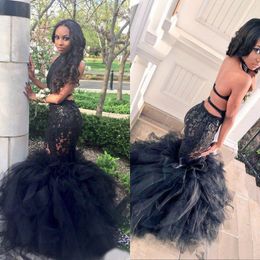 Sexy 2016 Black Girls Puffy Prom Dresses Mermaid Modest Halter Backless Tulle y Lace Sequin Long Party Vestidos formales por encargo EN7071