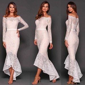 Sexy 2016 nieuwste witte kant off schouder thee lengte cocktail jurken vintage lange mouw hoge lage zeemeermin partij formele jurken EN7082