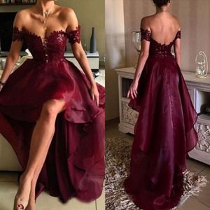 Sexy 2017 Bourgondië kant en organza hoge lage prom jurken goedkoop van de schouder backless formele feestjurken Custom Made China EN2131