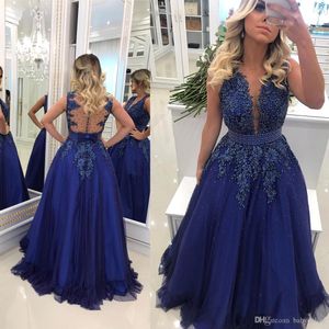 Sexy Navy Blue Avondjurken Sheer Diepe V-hals Kant Geappliceerd Kralen Parels Tule Prom Dress Illusion Back Formal Towns