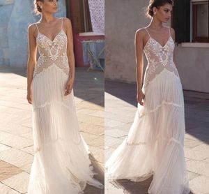 Sexy nouvelle robe de mariée bohème bretelles spaghetti dentelle appliques balayage train plage robes de mariée vestidos de novia