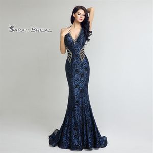 Sexy 2019 Vestidos de baile Mangas con cuello en V Sirena Cuentas brillantes Vestido de noche Hasta el suelo Vestidos listos LX235272C