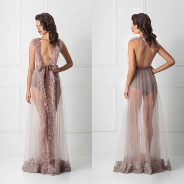 Sexy 2019 été femmes Robe sans manches plume chemise de nuit col en V profond volants vêtements de nuit peignoir pyjamas nouveau bal demoiselle d'honneur châle