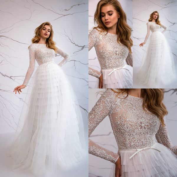 Sexy 2020 Eva Lendel Illusion corsage robe de mariée jardin une ligne Bateau à manches longues mariage cultivé