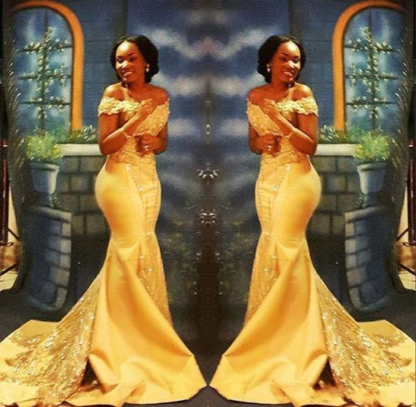 Sexy 2020 Nouvelle sirène jaune africaine Robes de bal sur les applications en dentelle épaule Crystal perle bling plus taille arabe fête des robes de soirée usure