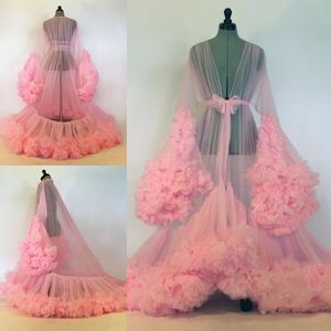 Sexy 2021 vrouwen ruches roze nachtkleding voor prom jurk vrouwen badjas pure nachtjapon lange mouw avondjurk gewaad prom bruidsmeisje Shawel